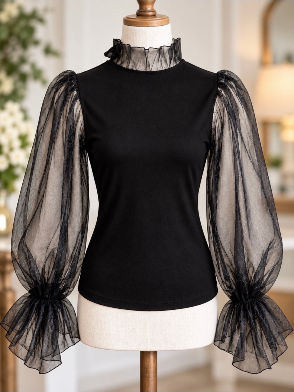 Tiny Willow Black Sheer Organza Sleeve Top Open Back Bow Ruffle Neck M